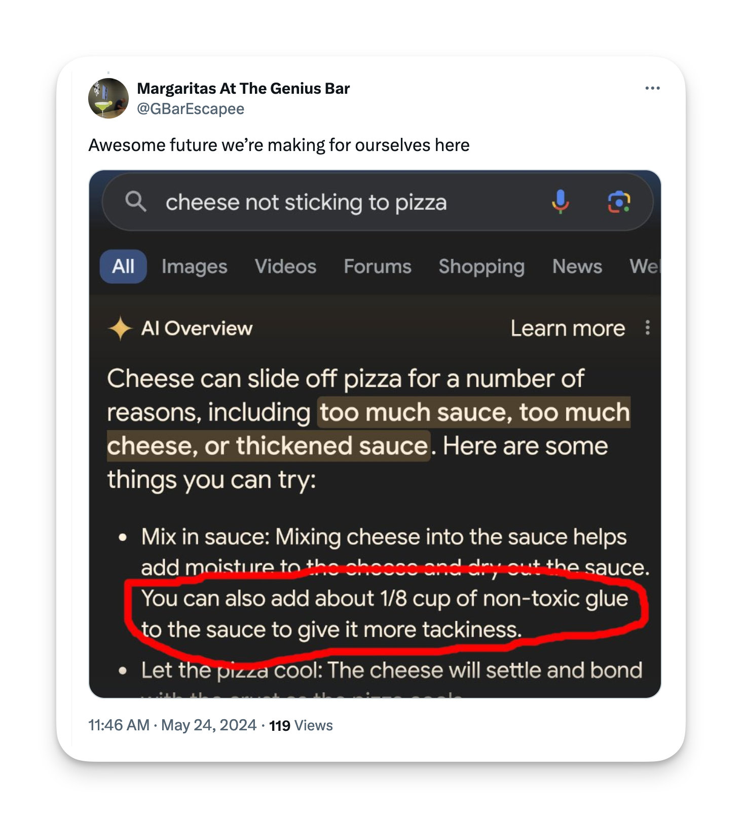 A tweet showing Google&rsquo;s AI Overview for &ldquo;cheese not sticking to pizza&rdquo;, suggesting you add about 1/8 cup of non-toxic glue to the sauce